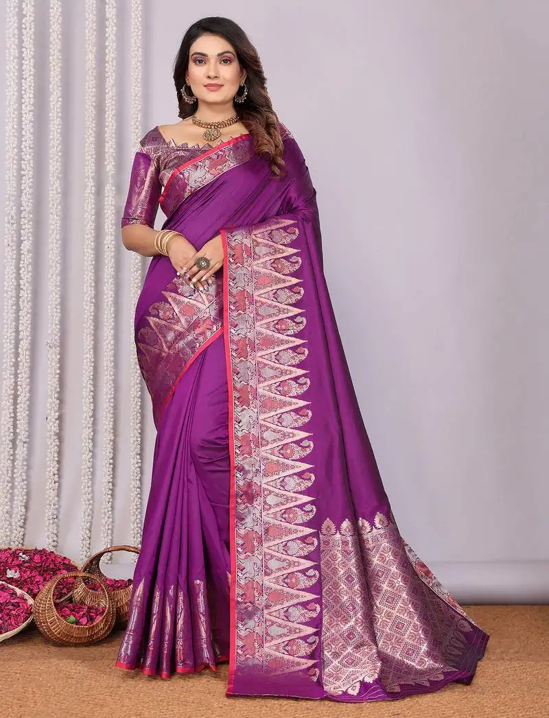 Purple silk blend zari jacquard weaving banarasi saree with zari weaving border