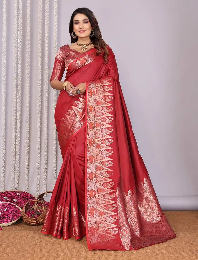 Red silk blend zari jacquard weaving banarasi saree with zari weaving border