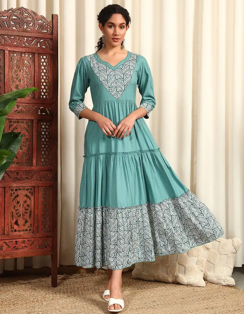 Clay blue rayon dobby printed and solid long ethnic dress