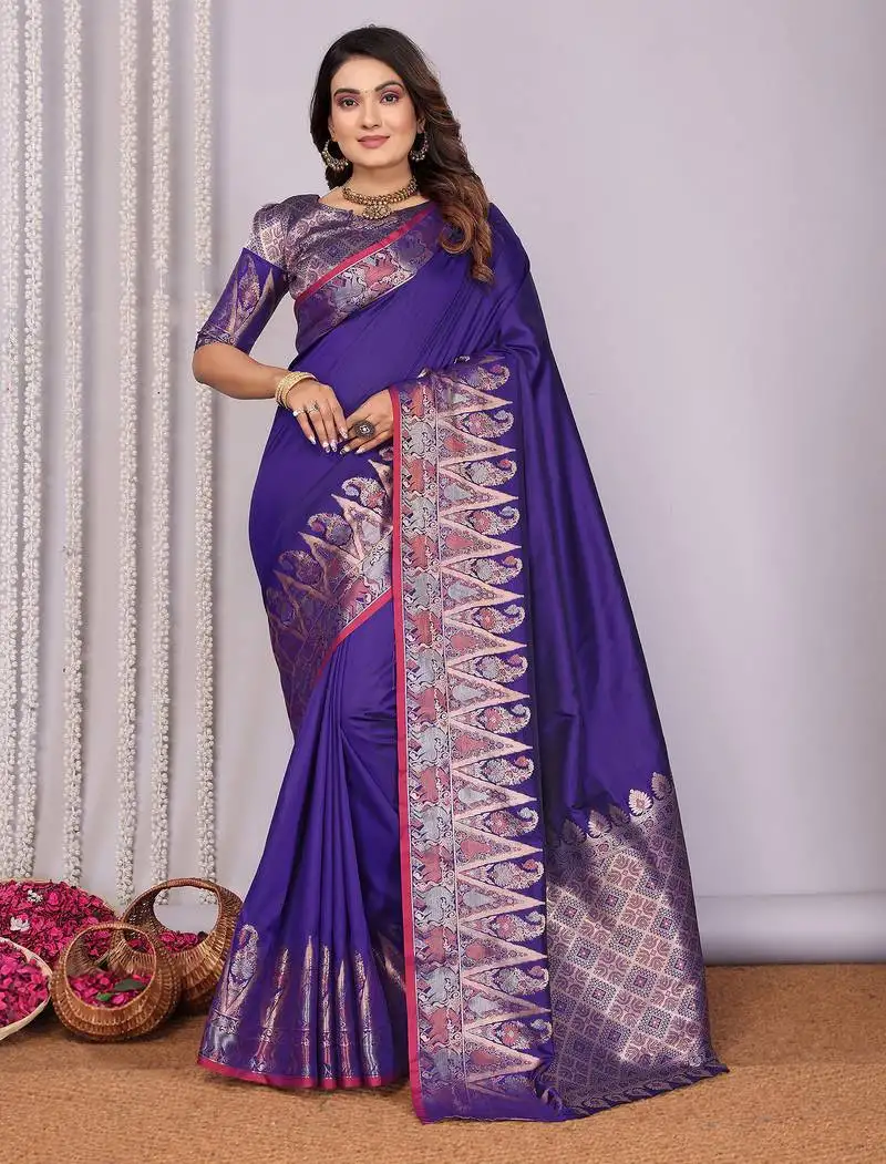 Royal blue silk blend zari jacquard weaving banarasi saree with zari weaving border