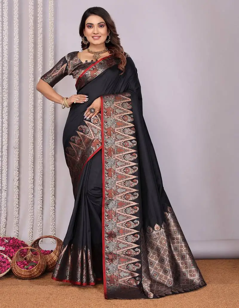 Black silk blend zari jacquard weaving banarasi saree with zari weaving border