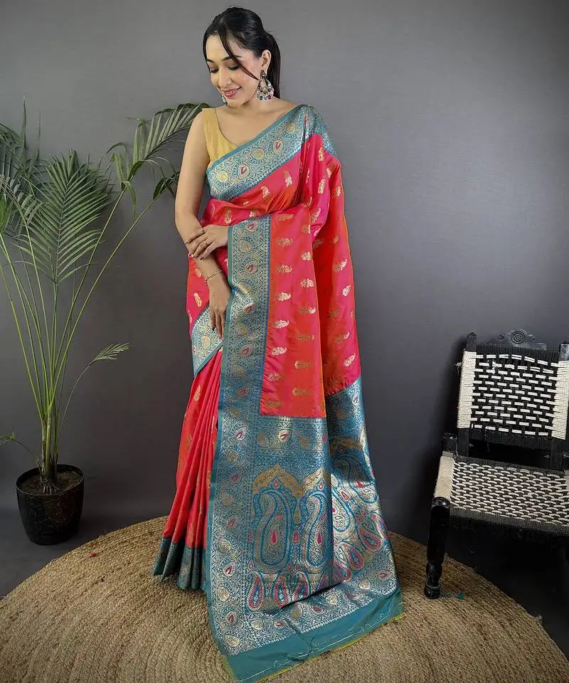 Pink silk blend paisley zari weaving banarasi saree with contrast border