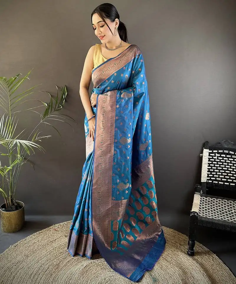 Royal blue silk blend copper zari weaving banarasi saree with contrast blouse