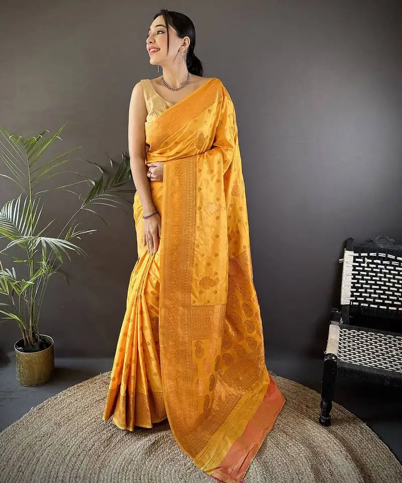 Orange silk blend copper zari weaving banarasi saree with contrast blouse