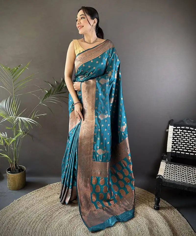 Blue silk blend copper zari weaving banarasi saree with contrast blouse