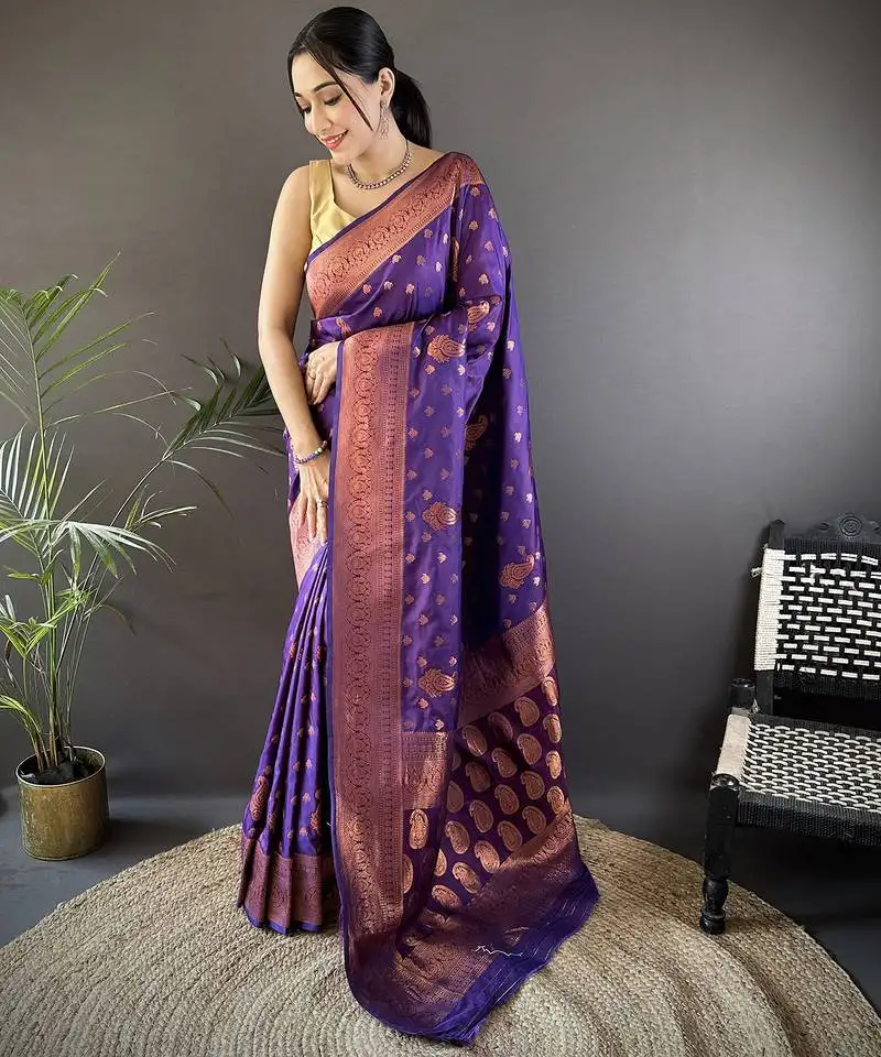 Purple silk blend copper zari weaving banarasi saree with contrast blouse