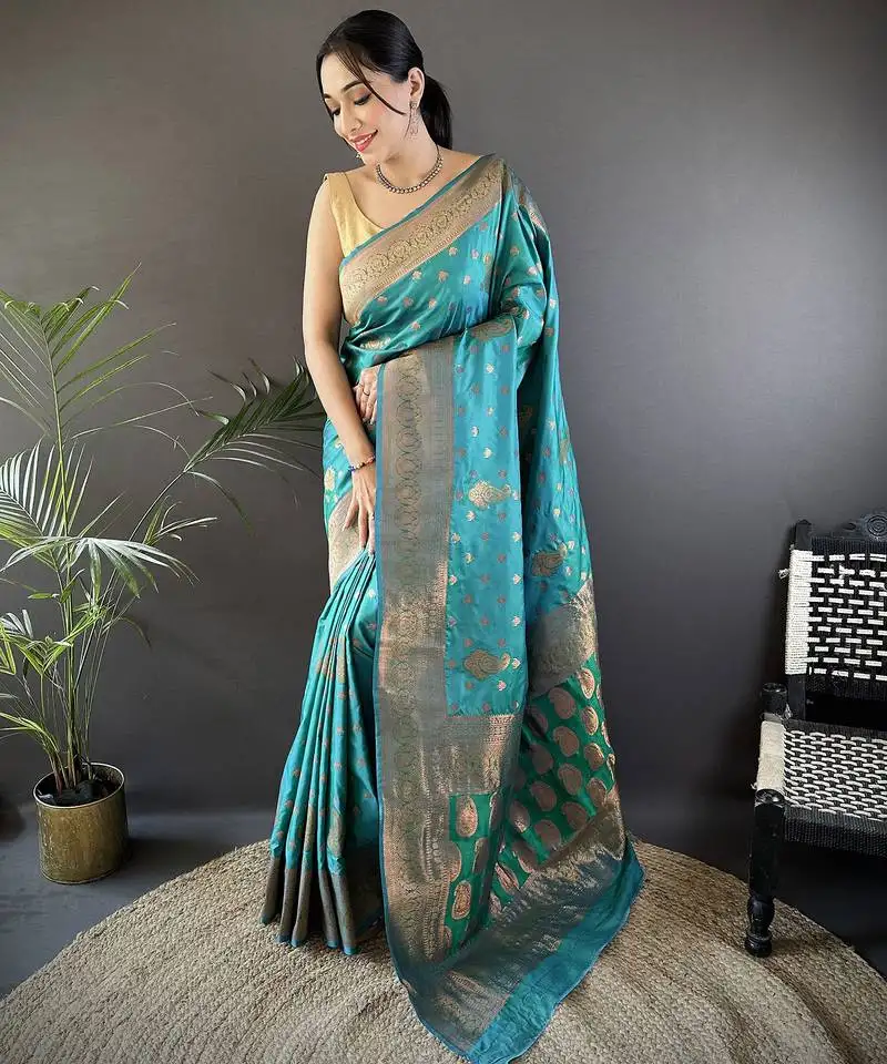 Teal green silk blend copper zari weaving banarasi saree with contrast blouse