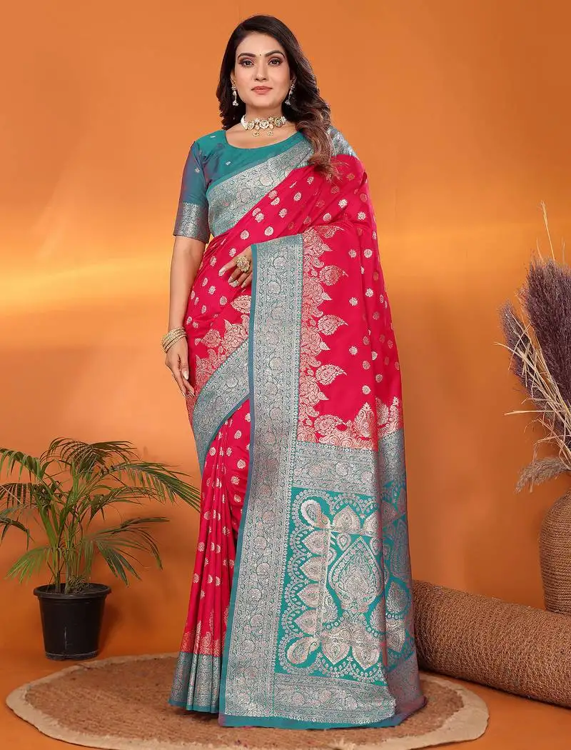 Hot pink silk blend butti zari weaving with zari border saree