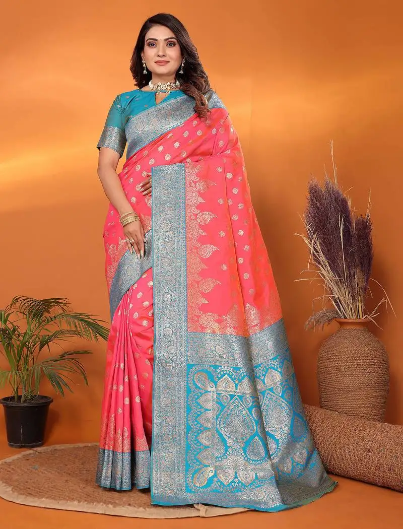 Pink silk blend butti zari weaving with zari border saree