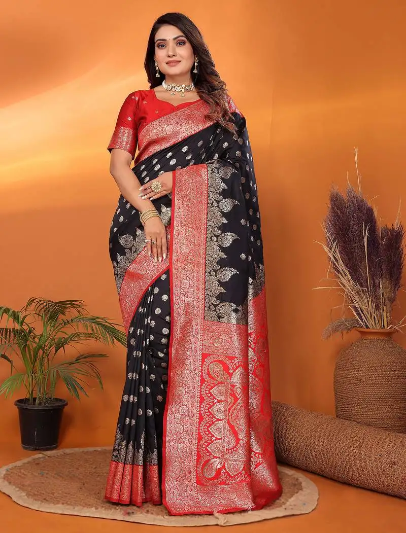 Black silk blend butti zari weaving with zari border saree