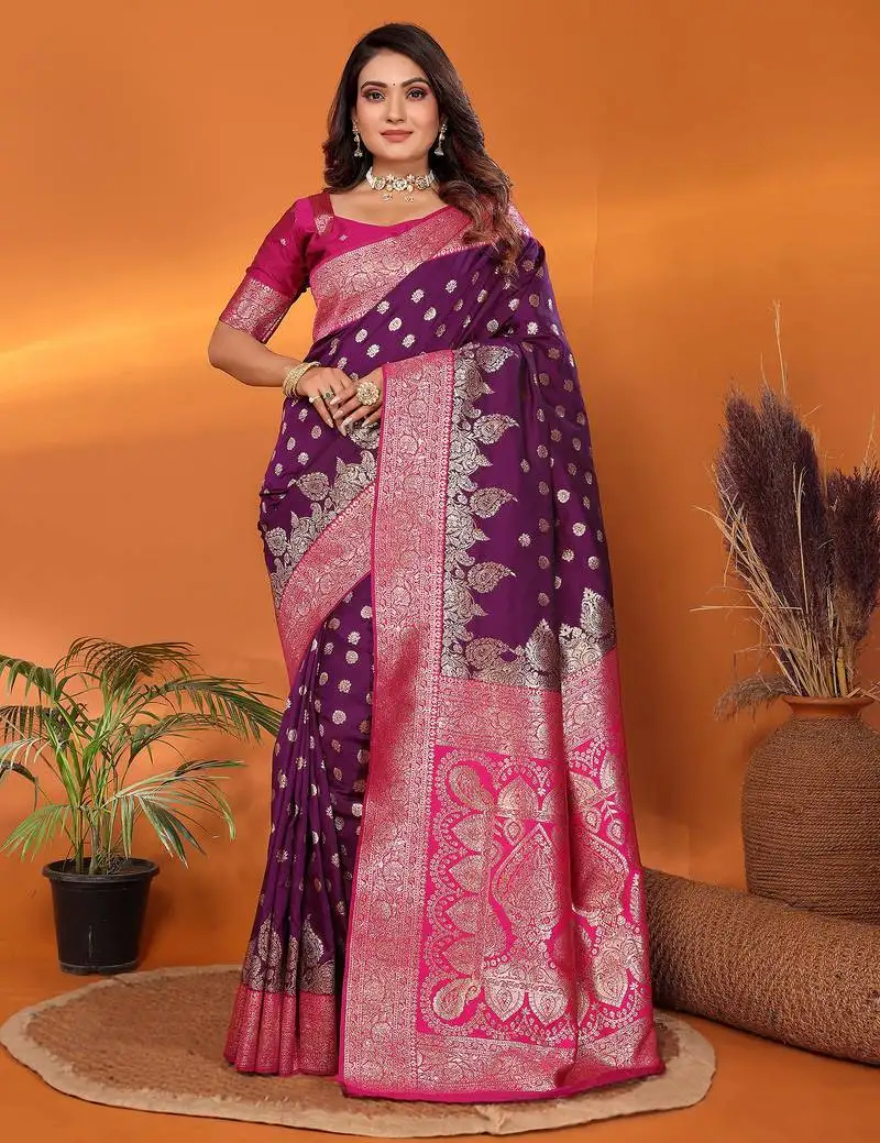 Purple silk blend butti zari weaving with zari border saree
