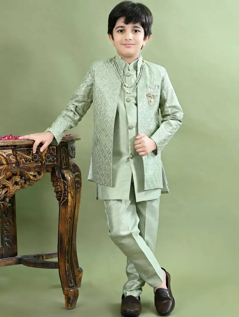 Green geometric embroidered sequined sherwani with pant & necklace set for boys