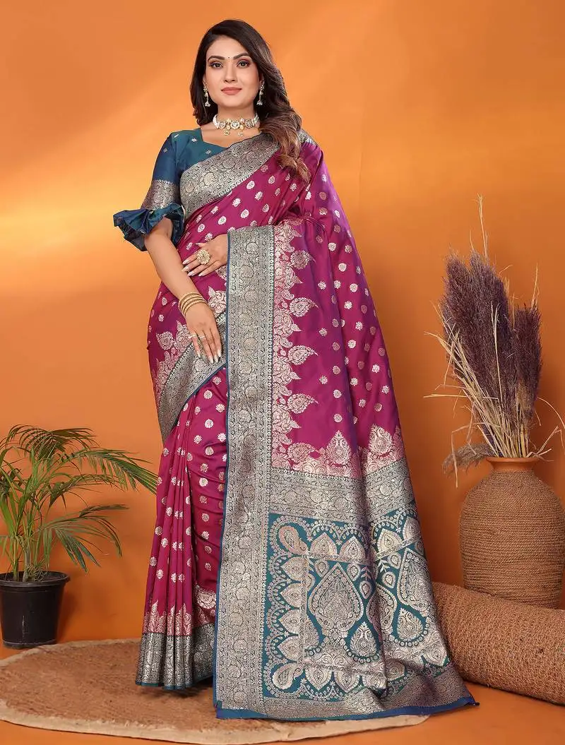 Magenta silk blend butti zari weaving with zari border saree