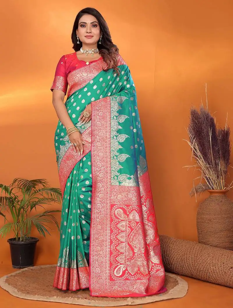 Light green silk blend butti zari weaving with zari border saree