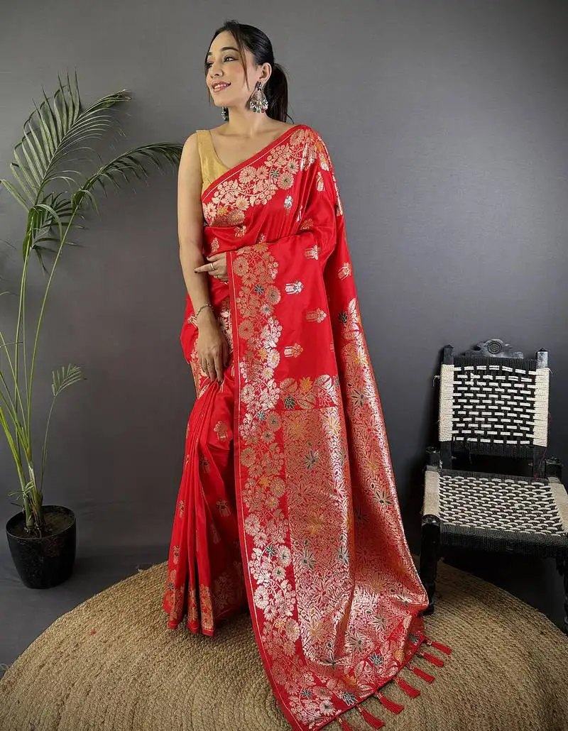 Red silk blend floral zari weaving meenakari saree with floral border