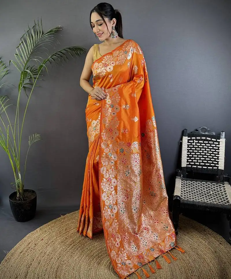 Orange silk blend floral zari weaving meenakari saree with floral border