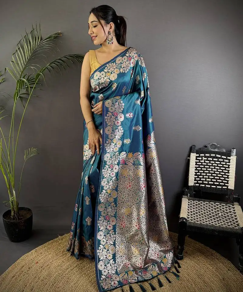 Royal blue silk blend floral zari weaving meenakari saree with floral border