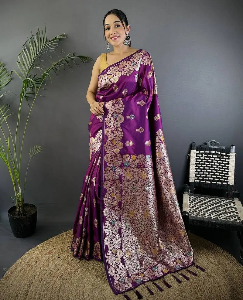 Magenta silk blend floral zari weaving meenakari saree with floral border