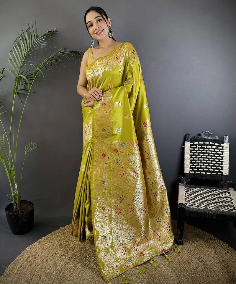 Lime green silk blend floral zari weaving meenakari saree with floral border