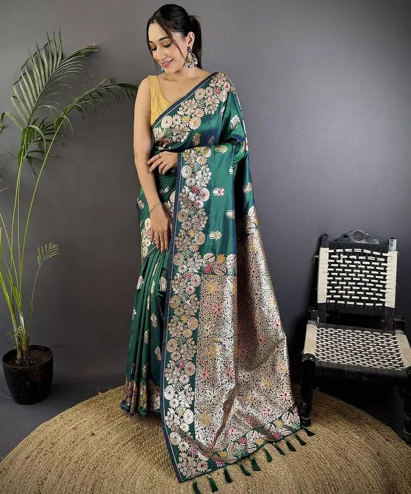 Teal green silk blend floral zari weaving meenakari saree with floral border