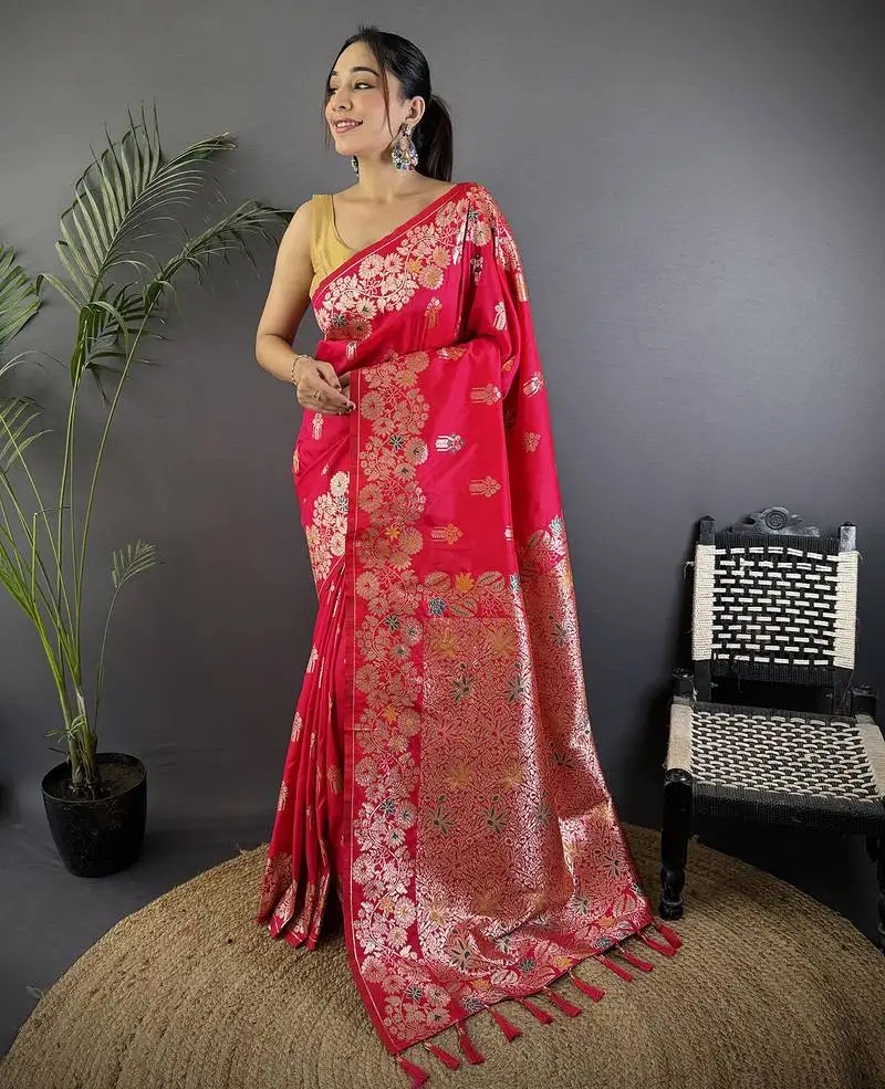 Pink silk blend floral zari weaving meenakari saree with floral border
