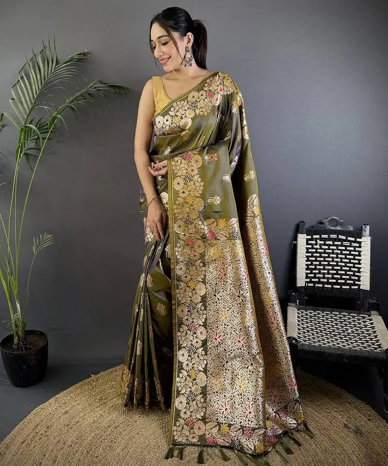 Mahendi green silk blend floral zari weaving meenakari saree with floral border