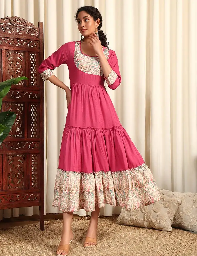 Fuchsia rayon dobby printed and solid long ethnic dress
