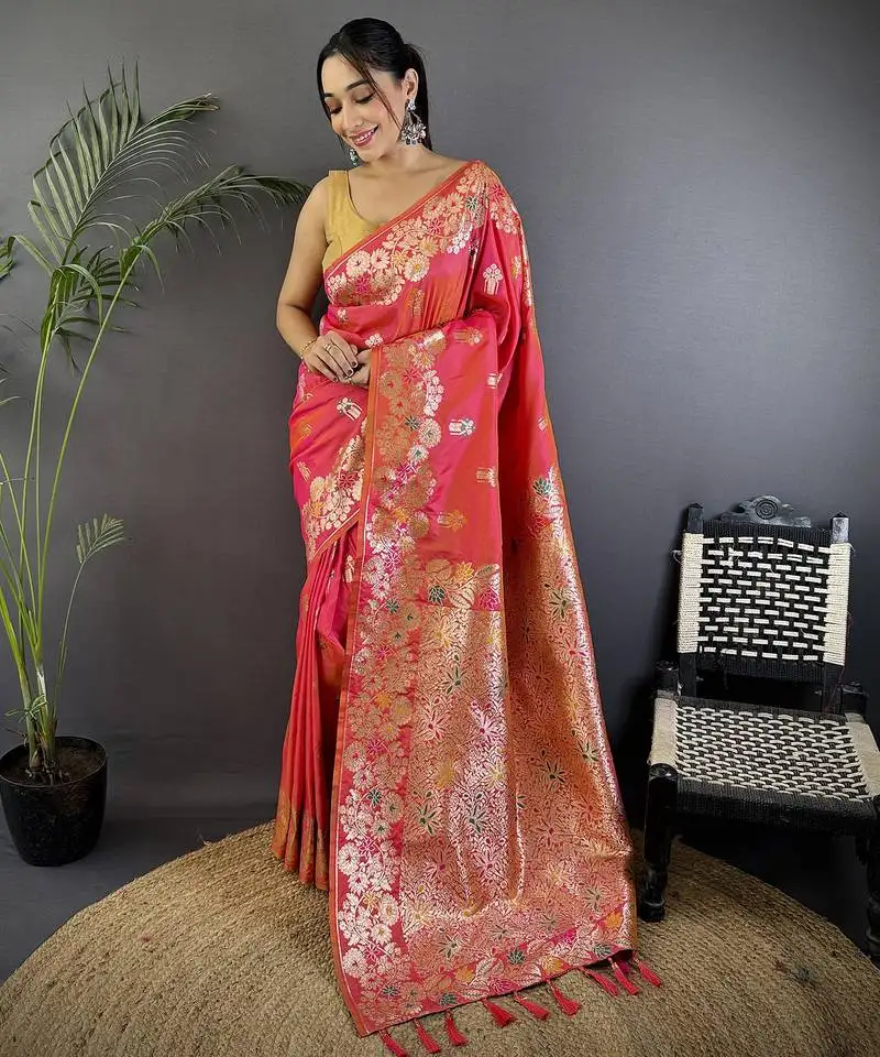Hot pink silk blend floral zari weaving meenakari saree with floral border