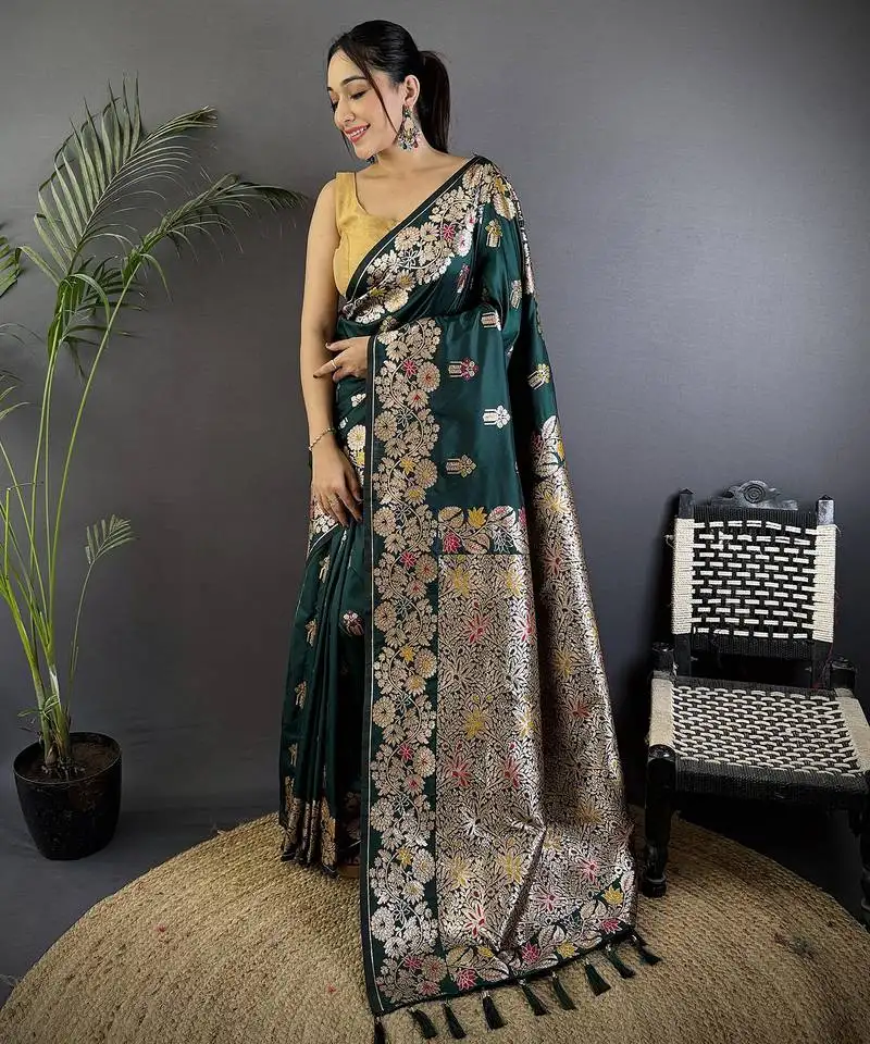 Dark green silk blend floral zari weaving meenakari saree with floral border