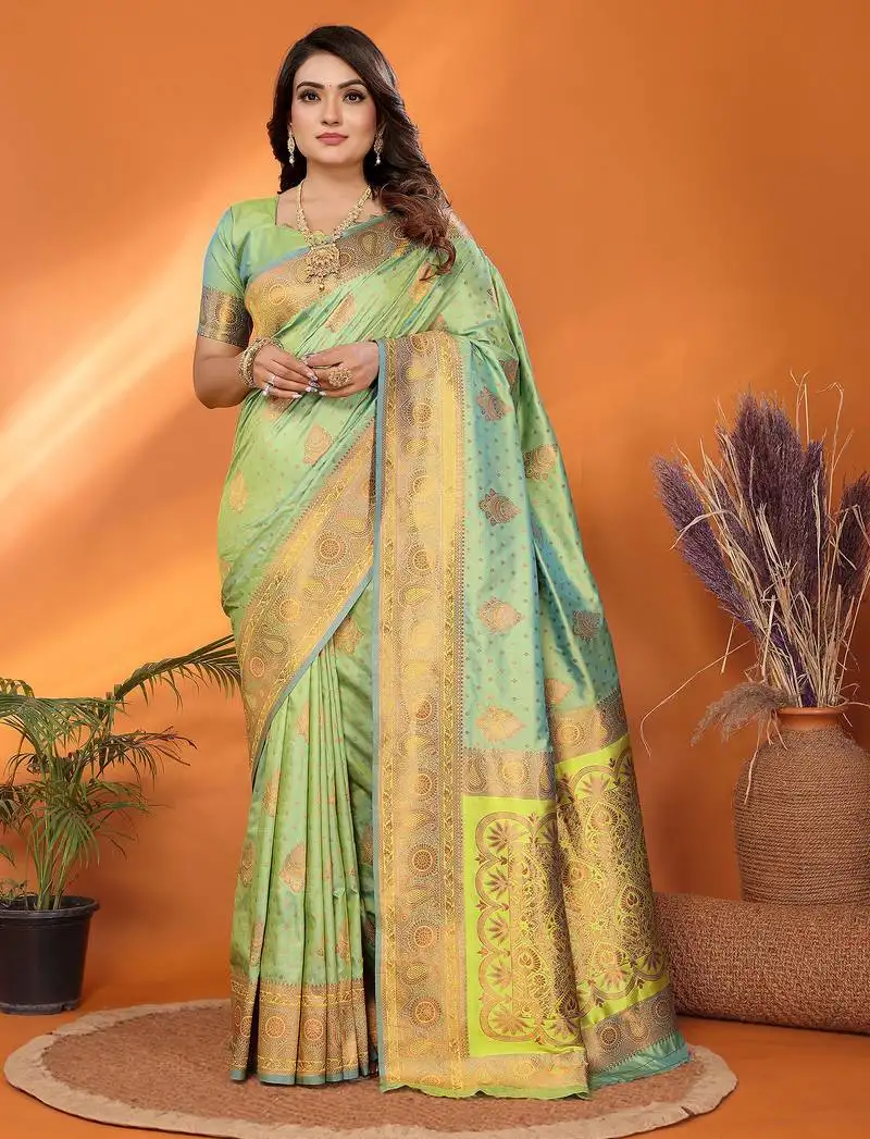Light green silk blend copper zari butta weaving banarasi saree with zari border
