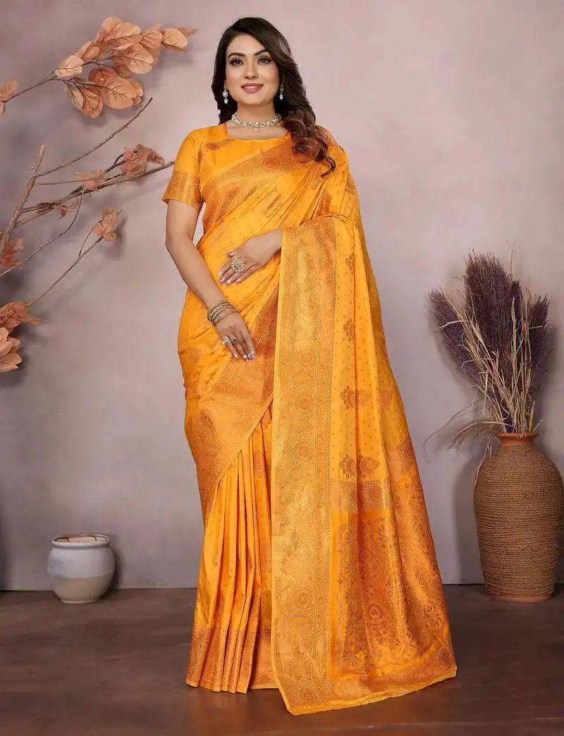Orange silk blend copper zari butta weaving banarasi saree with zari border
