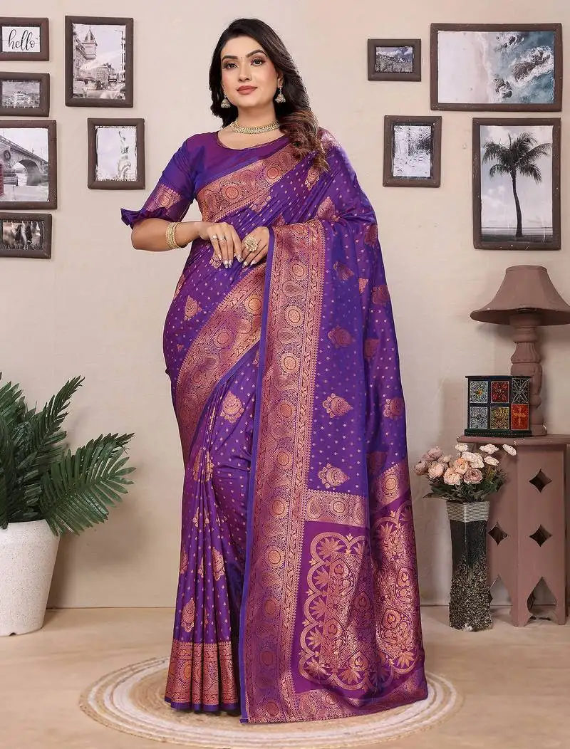 Purple silk blend copper zari butta weaving banarasi saree with zari border