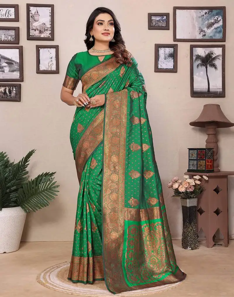 Green silk blend copper zari butta weaving banarasi saree with zari border