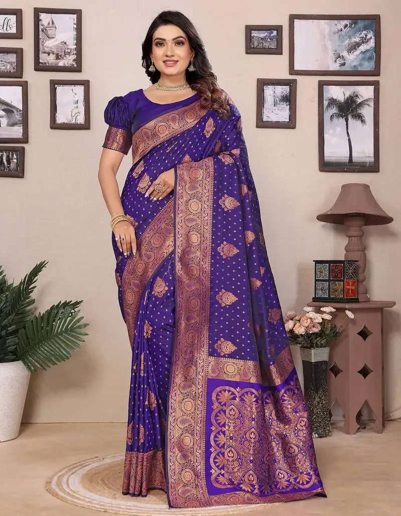 Navy blue silk blend copper zari butta weaving banarasi saree with zari border
