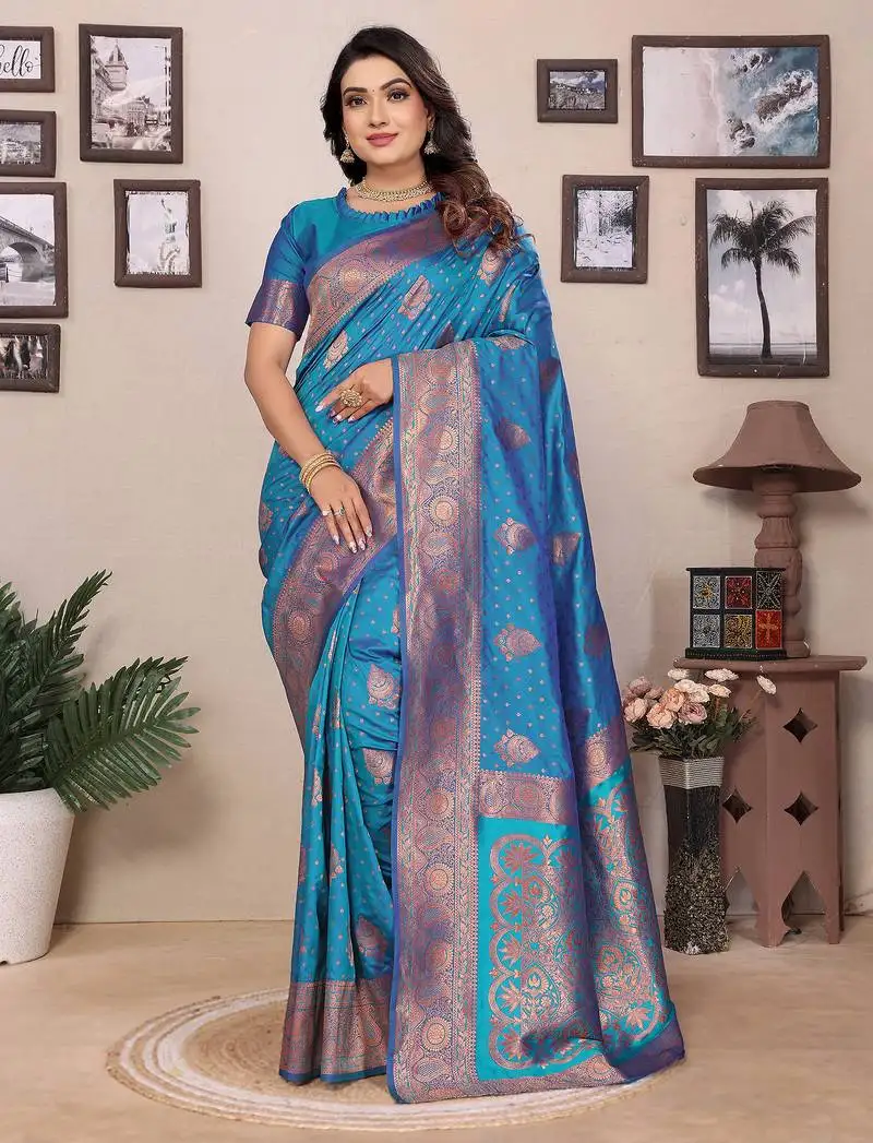 Royal blue silk blend copper zari butta weaving banarasi saree with zari border