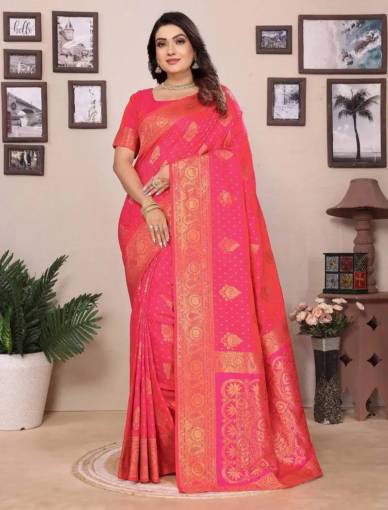 Pink silk blend copper zari butta weaving banarasi saree with zari border