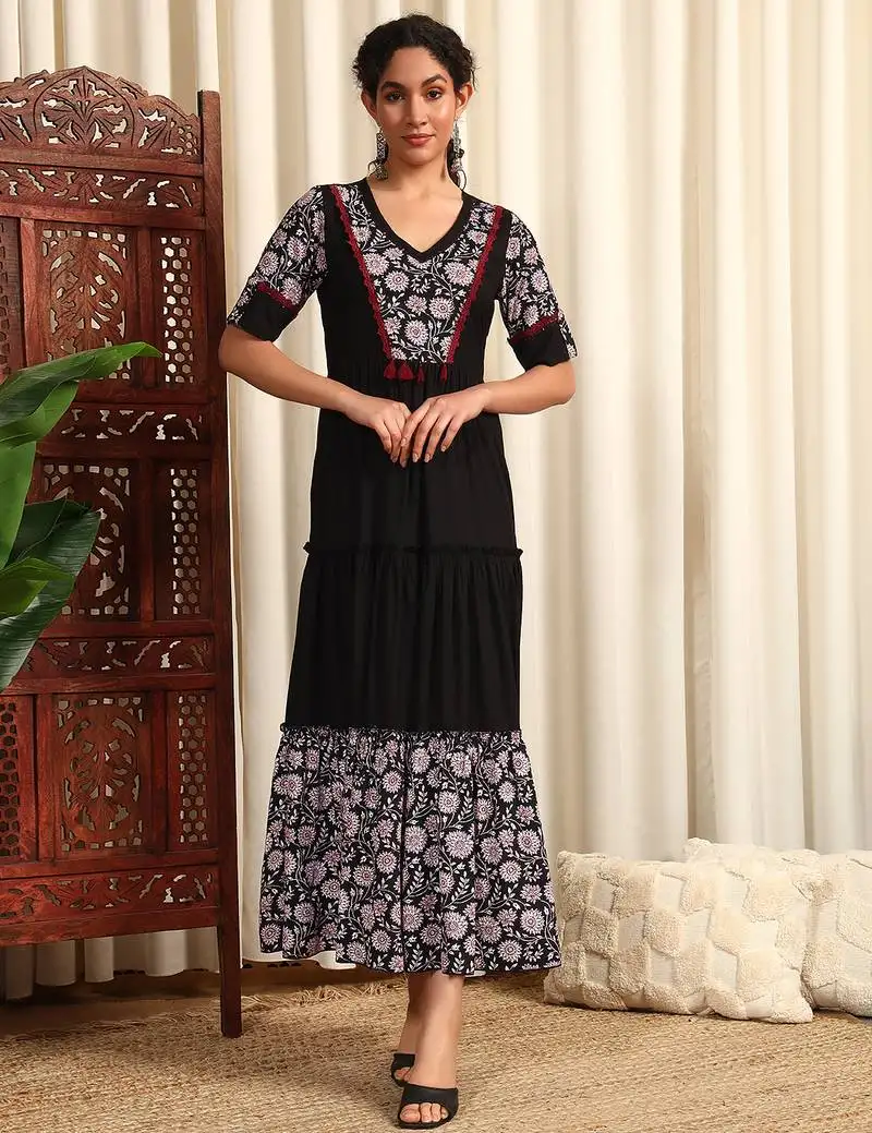 Black rayon dobby printed and solid long ethnic dress