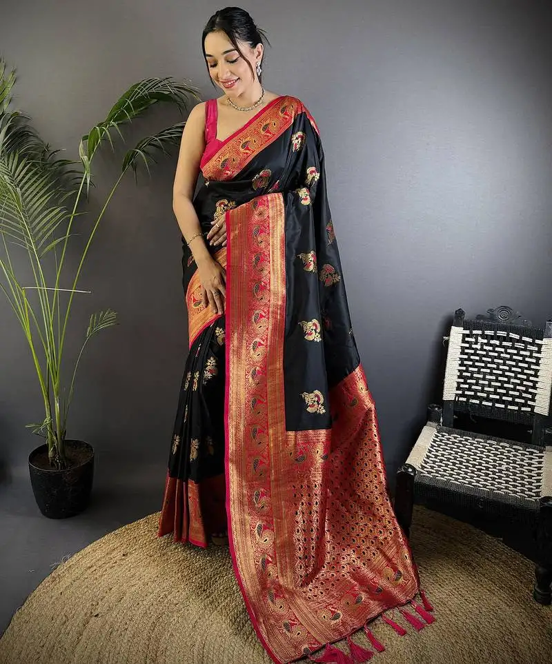 Black silk blend floral butta zari weaving banarasi with peacock zari weaving border