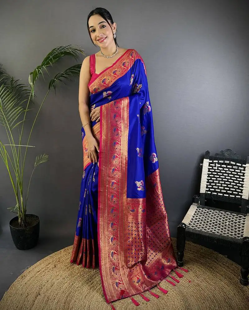 Royal blue silk blend floral butta zari weaving banarasi with peacock zari weaving border