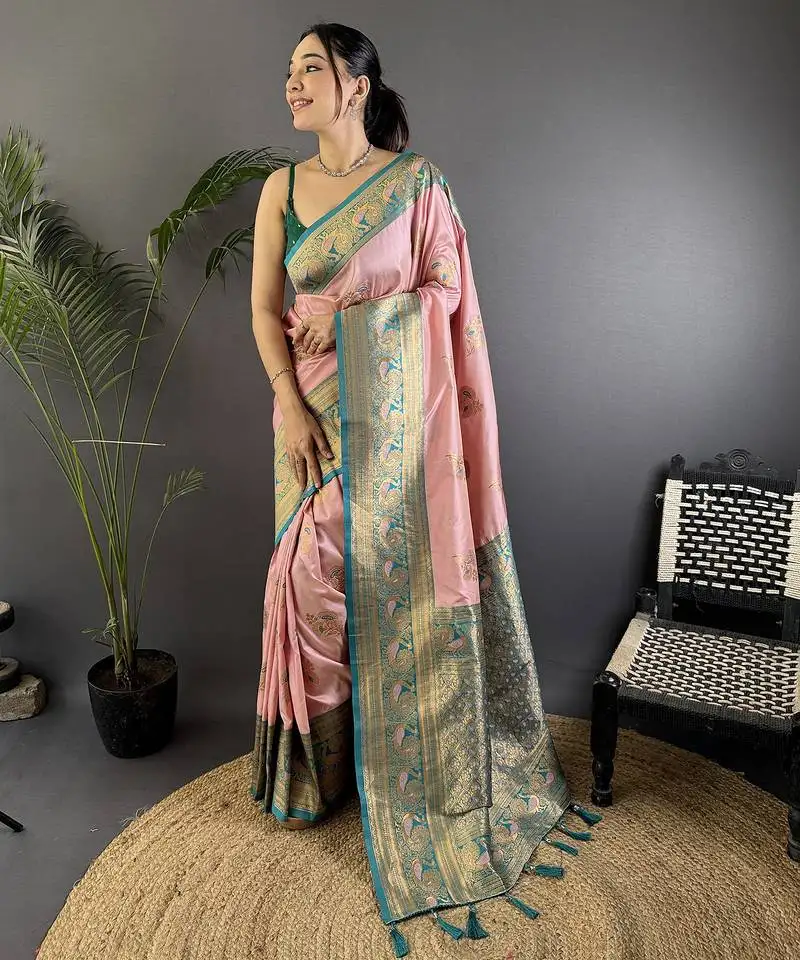 Baby pink silk blend floral butta zari weaving banarasi with peacock zari weaving border