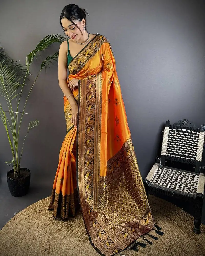 Orange silk blend floral butta zari weaving banarasi with peacock zari weaving border