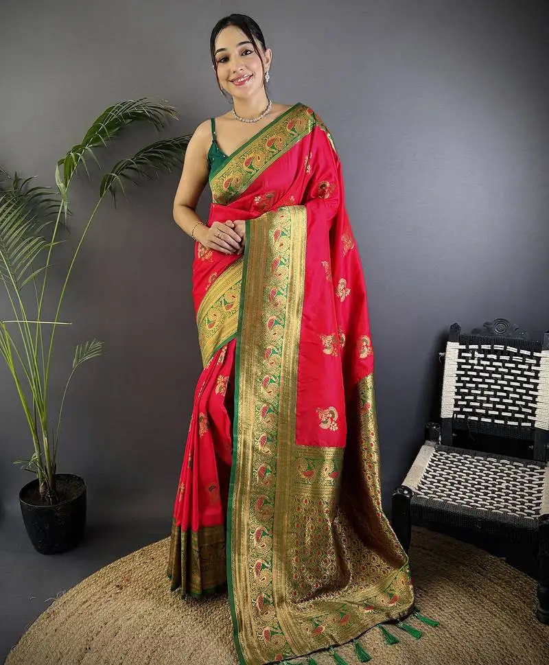 Red silk blend floral butta zari weaving banarasi with peacock zari weaving border