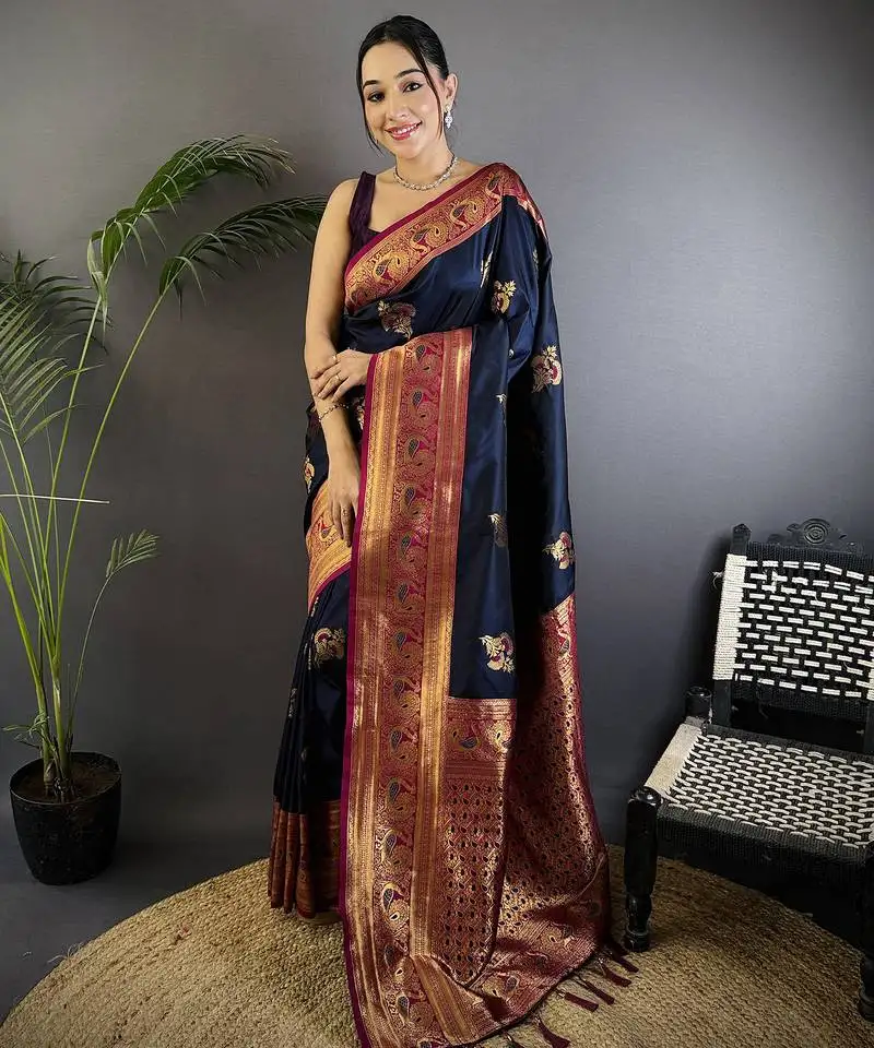 Navy blue silk blend floral butta zari weaving banarasi with peacock zari weaving border