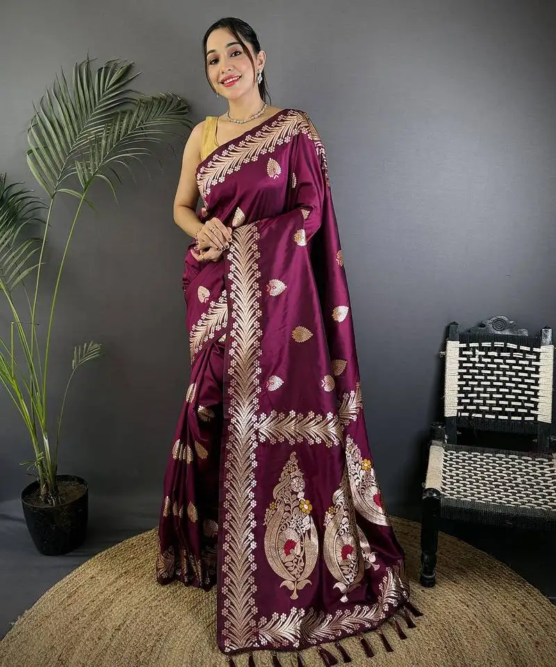 Plum silk blend meenakari zari weaving banarasi saree