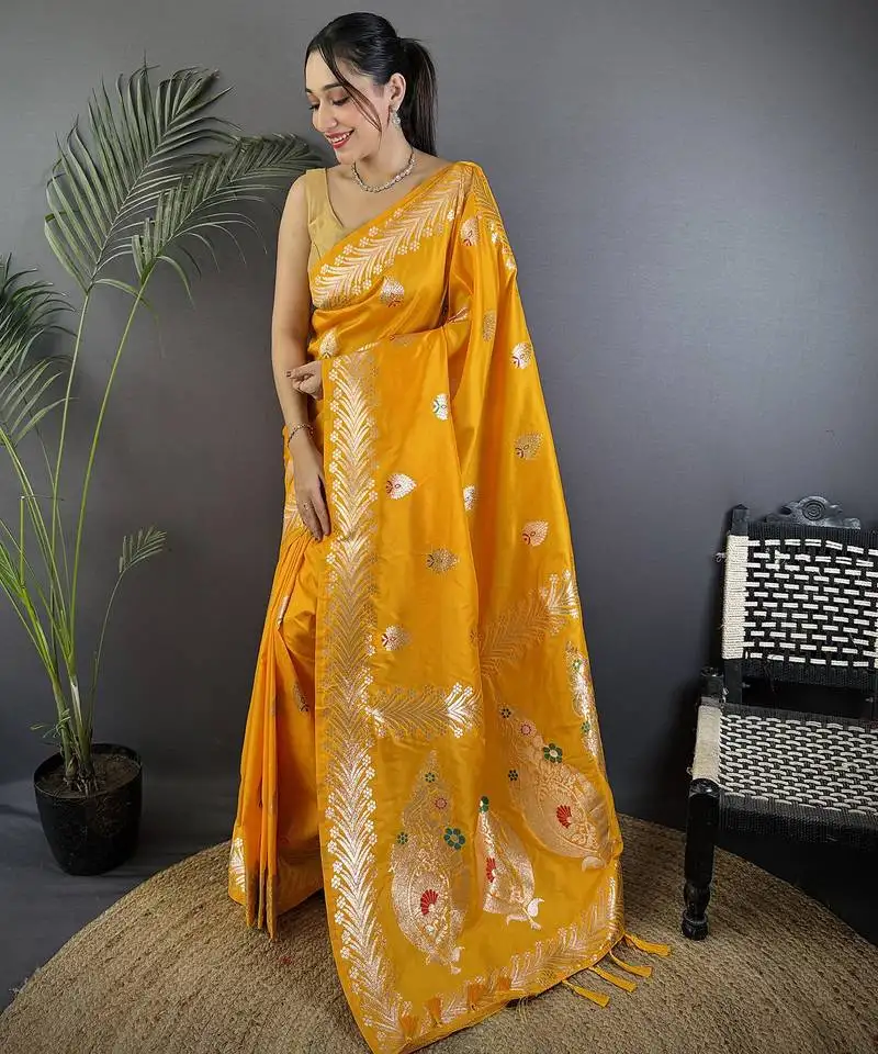 Orange silk blend meenakari zari weaving banarasi saree