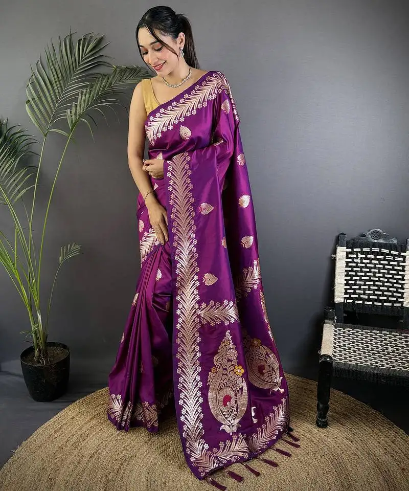 Purple silk blend meenakari zari weaving banarasi saree