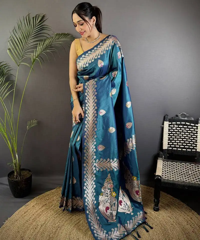 Sea blue silk blend meenakari zari weaving banarasi saree