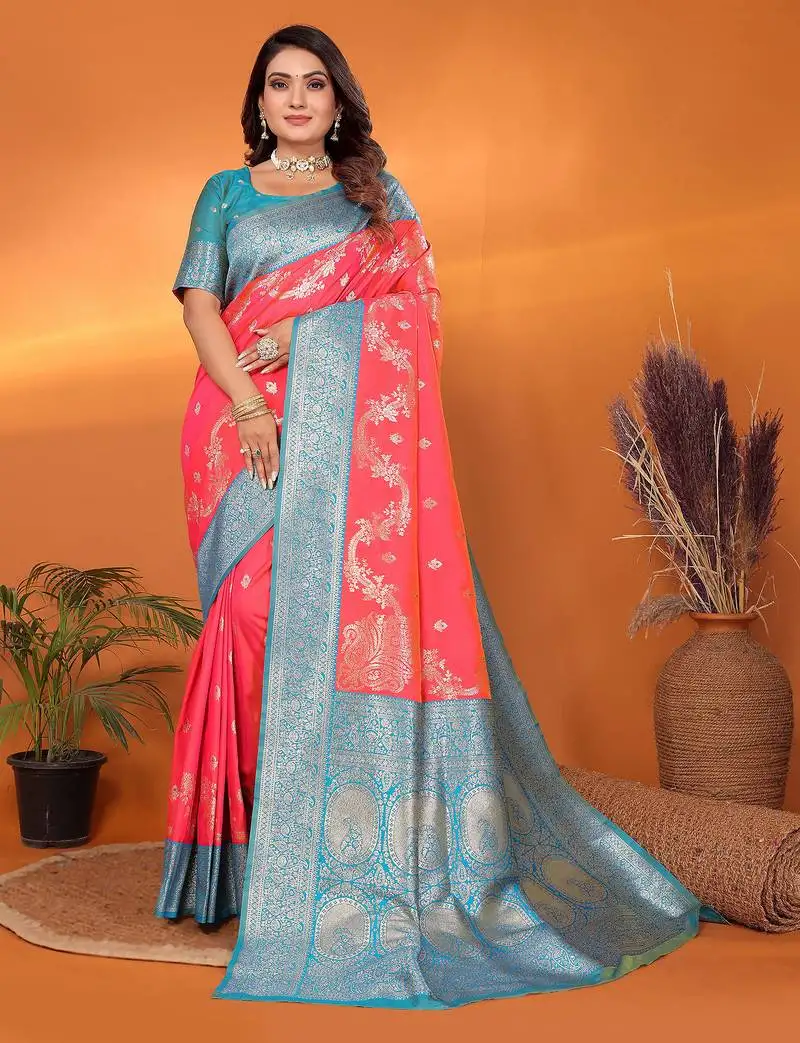 Tomato red silk blend woven zari weaving banarasi saree with contrast weaving border