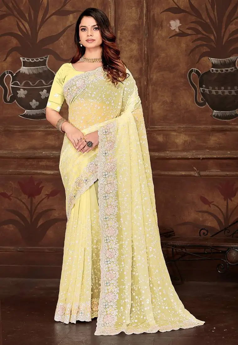 Yellow resham sequins embroidery work georgette saree