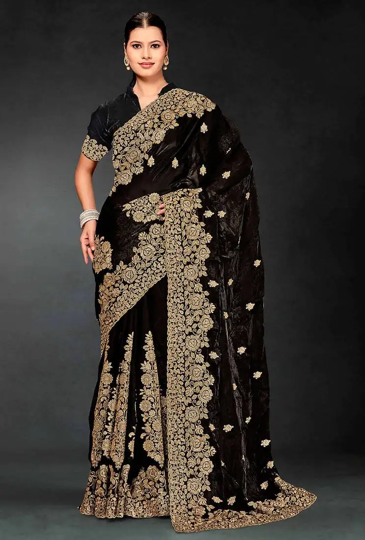 Black zari badla embroidery work silk blend saree